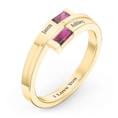 Double Baguette Bypass Ring – 10K Yellow Gold with Ruby