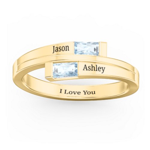 Double Baguette Bypass Ring – 10K Yellow Gold with Aquamarine