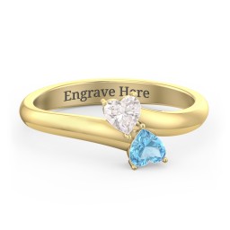 Inverted Twin Heart Ring in 14K Solid Yellow Gold with Cubic Zirconia and Blue Topaz