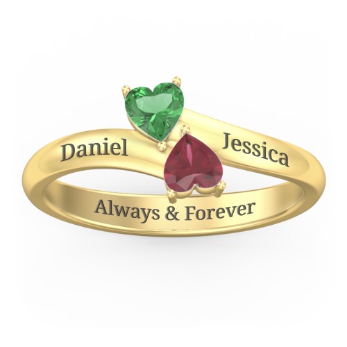 Inverted Twin Heart Ring – 10K Yellow Gold with Emerald and Ruby