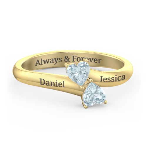 Inverted Twin Heart Ring – 18K Gold Plated Silver with Aquamarine