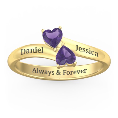 Inverted Twin Heart Ring – 18K Gold Plated Silver with Amethyst