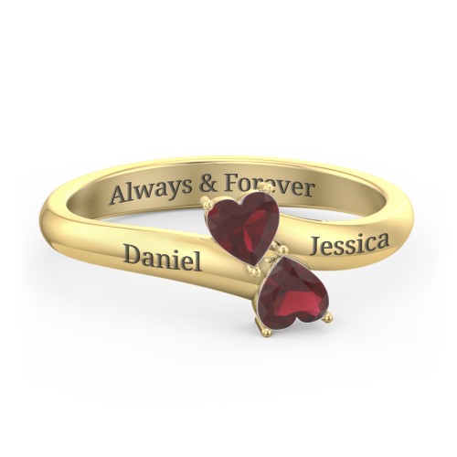 Inverted Twin Heart Ring – 18K Gold Plated Silver with Garnet