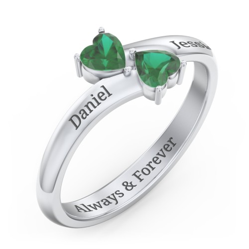 Inverted Twin Heart Ring – Sterling Silver with Emerald