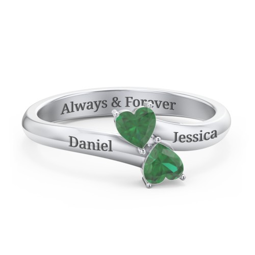 Inverted Twin Heart Ring – Sterling Silver with Emerald