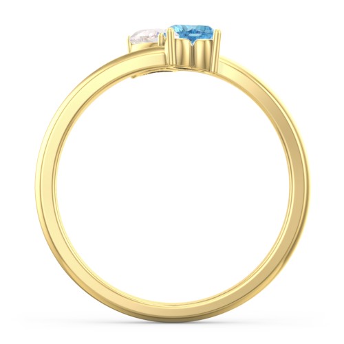 Inverted Twin Heart Ring – 10K Yellow Gold with Cubic Zirconia and Blue Topaz