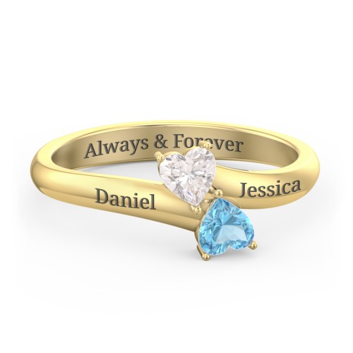 Inverted Twin Heart Ring – 10K Yellow Gold with Cubic Zirconia and Blue Topaz