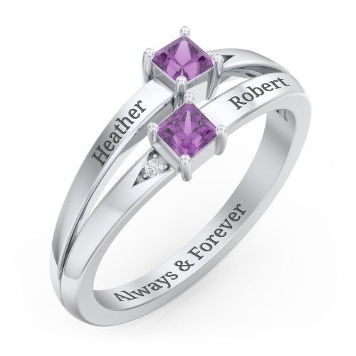 Two Stone Split Band Ring with Accents – Sterling Silver with Amethyst and Cubic Zirconia