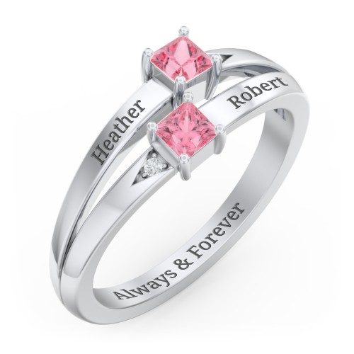 Two Stone Split Band Ring with Accents – Sterling Silver with Pink Tourmaline and Cubic Zirconia