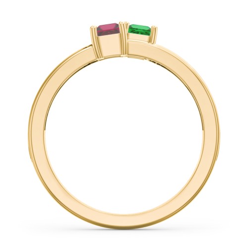 Two Stone Split Band Ring with Accents – 10K Yellow Gold with Emerald, Ruby, and Cubic Zirconia