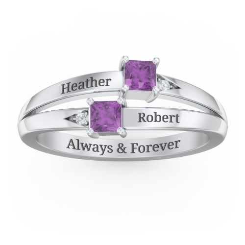Two Stone Split Band Ring with Accents – Sterling Silver with Amethyst and Cubic Zirconia