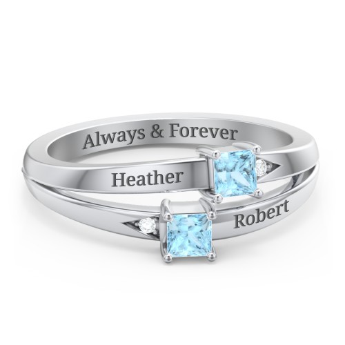 Two Stone Split Band Ring with Accents – Sterling Silver with Blue Topaz and Cubic Zirconia