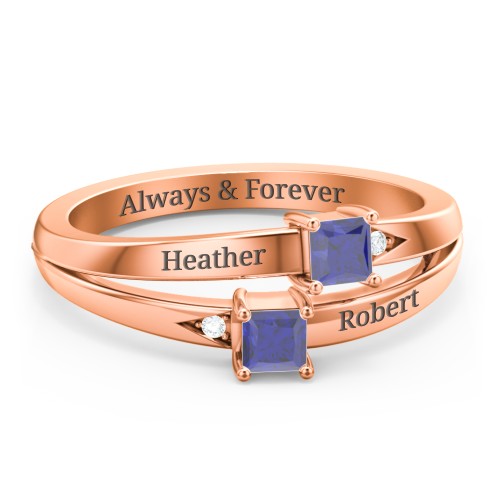 Two Stone Split Band Ring with Accents – 10K Rose Gold with Blue Sapphire and Cubic Zirconia