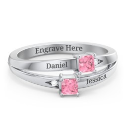 Two Stone Split Band Ring with Accents in 925 Sterling Silver with Diamond and Pink Tourmaline