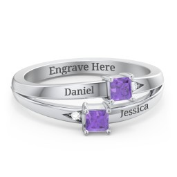 Two Stone Split Band Ring with Accents in 925 Sterling Silver with Amethyst