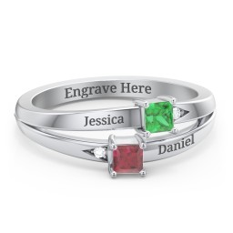 Two Stone Split Band Ring with Accents in 925 Sterling Silver with Emerald and Ruby