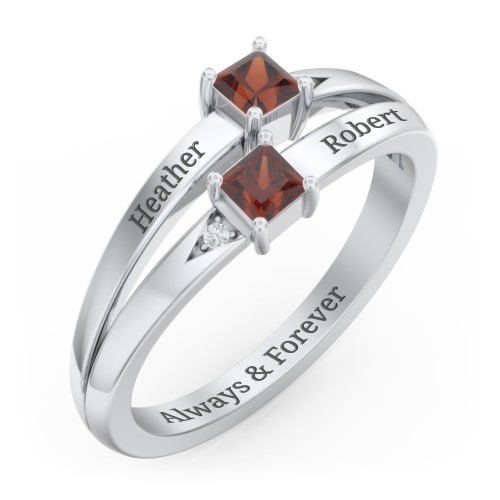 Two Stone Split Band Ring with Accents – Sterling Silver with Garnet and Cubic Zirconia