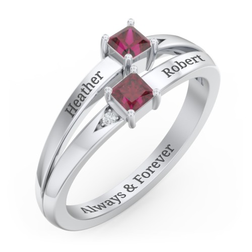Two Stone Split Band Ring with Accents – Sterling Silver with Ruby and Cubic Zirconia
