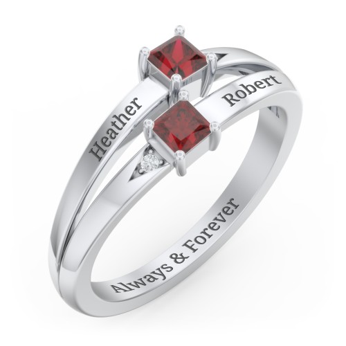 Two Stone Split Band Ring with Accents – Sterling Silver with Garnet and Cubic Zirconia