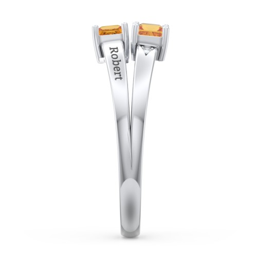Two Stone Split Band Ring with Accents – Sterling Silver with Citrine and Cubic Zirconia