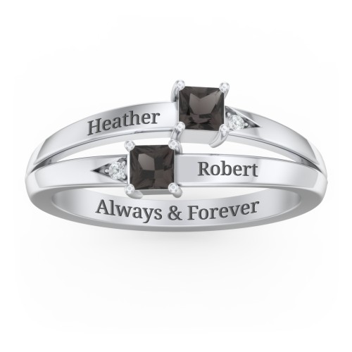Two Stone Split Band Ring with Accents – Sterling Silver with Smokey Quartz and Cubic Zirconia