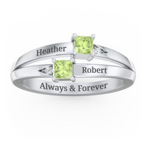 Two Stone Split Band Ring with Accents – Sterling Silver with Peridot and Cubic Zirconia
