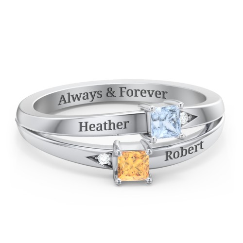 Two Stone Split Band Ring with Accents – Sterling Silver with Aquamarine, Citrine, and Cubic Zirconia