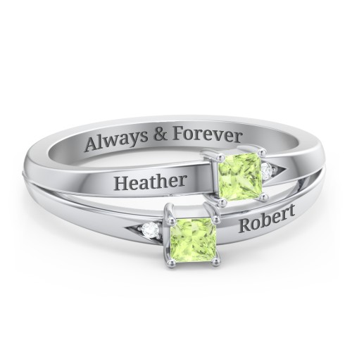 Two Stone Split Band Ring with Accents – Sterling Silver with Peridot and Cubic Zirconia
