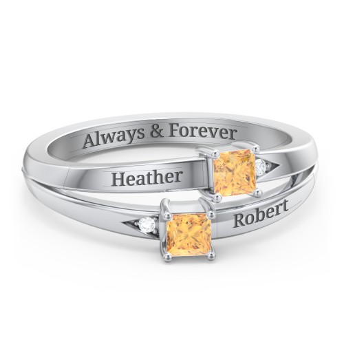 Two Stone Split Band Ring with Accents – Sterling Silver with Citrine and Cubic Zirconia