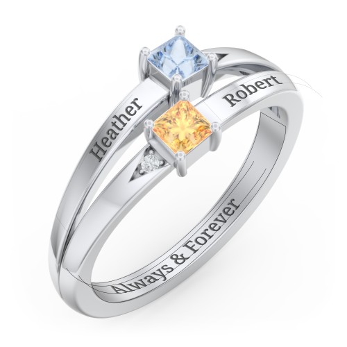 Two Stone Split Band Ring with Accents – 10K White Gold with Aquamarine, Citrine, and Cubic Zirconia