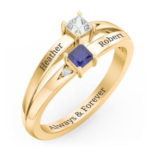 Two Stone Split Band Ring with Accents – 10K Yellow Gold with Cubic Zirconia and Blue Sapphire