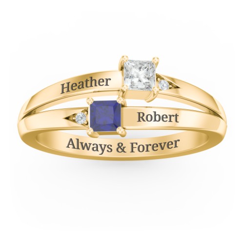 Two Stone Split Band Ring with Accents – 10K Yellow Gold with Cubic Zirconia and Blue Sapphire