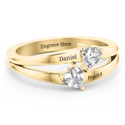 Twin Hearts Ring in 10K Solid Yellow Gold with Cubic Zirconia