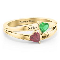Twin Hearts Ring in 10K Solid Yellow Gold with Emerald and Ruby