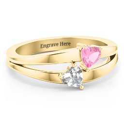 Twin Hearts Ring in 14K Solid Yellow Gold with Pink Tourmaline and Cubic Zirconia