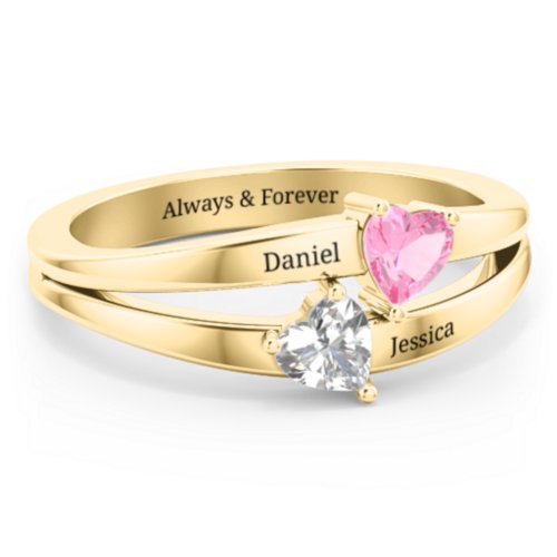 Twin Hearts Ring – 14K Yellow Gold with Pink Tourmaline and Cubic Zirconia