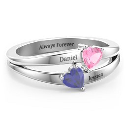 Twin Hearts Ring in 925 Sterling Silver with Pink Tourmaline and Blue Sapphire