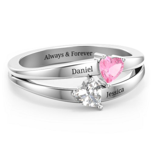 Twin Hearts Ring – Sterling Silver with Pink Tourmaline and Cubic Zirconia