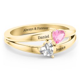 Twin Hearts Ring in 10K Solid Yellow Gold with Pink Tourmaline and Cubic Zirconia