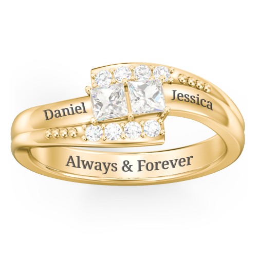 Engravable Bypass Ring with Princess Cut Gemstones and Accents