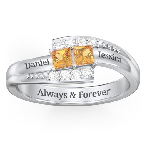 Engravable Bypass Ring with Princess Cut Gemstones and Accents