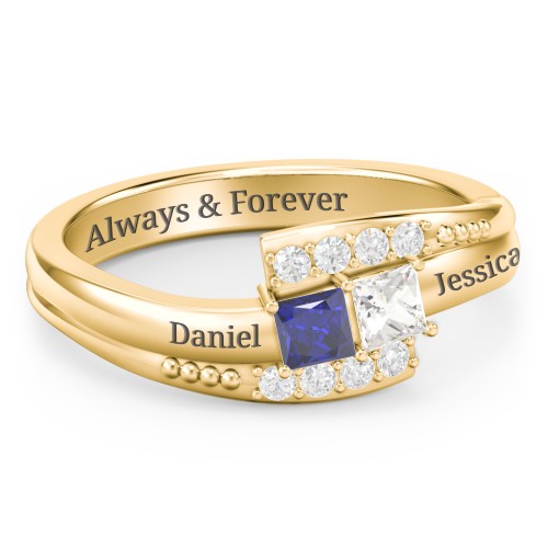 Engravable Bypass Ring with Princess Cut Gemstones and Accents – 14K Yellow Gold with Blue Sapphire, Cubic Zirconia, and White Premium Zirconia