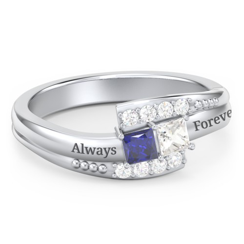 Engravable Bypass Ring with Princess Cut Gemstones and Accents