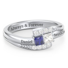 Engravable Bypass Ring with Princess Cut Gemstones and Accents – Sterling Silver with Blue Sapphire, Cubic Zirconia, and White Premium Zirconia
