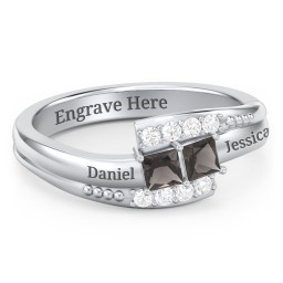 Engravable Bypass Ring with Princess Cut Gemstones and Accents in 925 Sterling Silver with Smokey Quartz and White Premium Zirconia