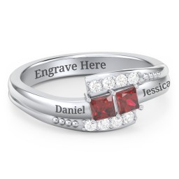 Engravable Bypass Ring with Princess Cut Gemstones and Accents in 925 Sterling Silver with Garnet and White Premium Zirconia