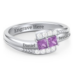 Engravable Bypass Ring with Princess Cut Gemstones and Accents in 925 Sterling Silver with Amethyst and White Premium Zirconia