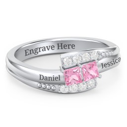 Engravable Bypass Ring with Princess Cut Gemstones and Accents in 925 Sterling Silver with Pink Tourmaline and White Premium Zirconia