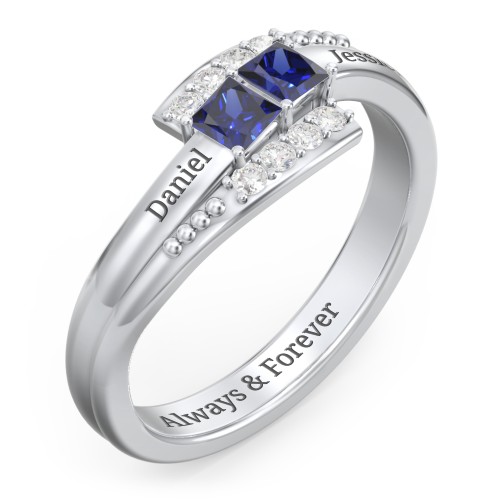 Engravable Bypass Ring with Princess Cut Gemstones and Accents – Sterling Silver with Blue Sapphire and White Premium Zirconia