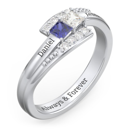 Engravable Bypass Ring with Princess Cut Gemstones and Accents – Sterling Silver with Blue Sapphire, Cubic Zirconia, and White Premium Zirconia